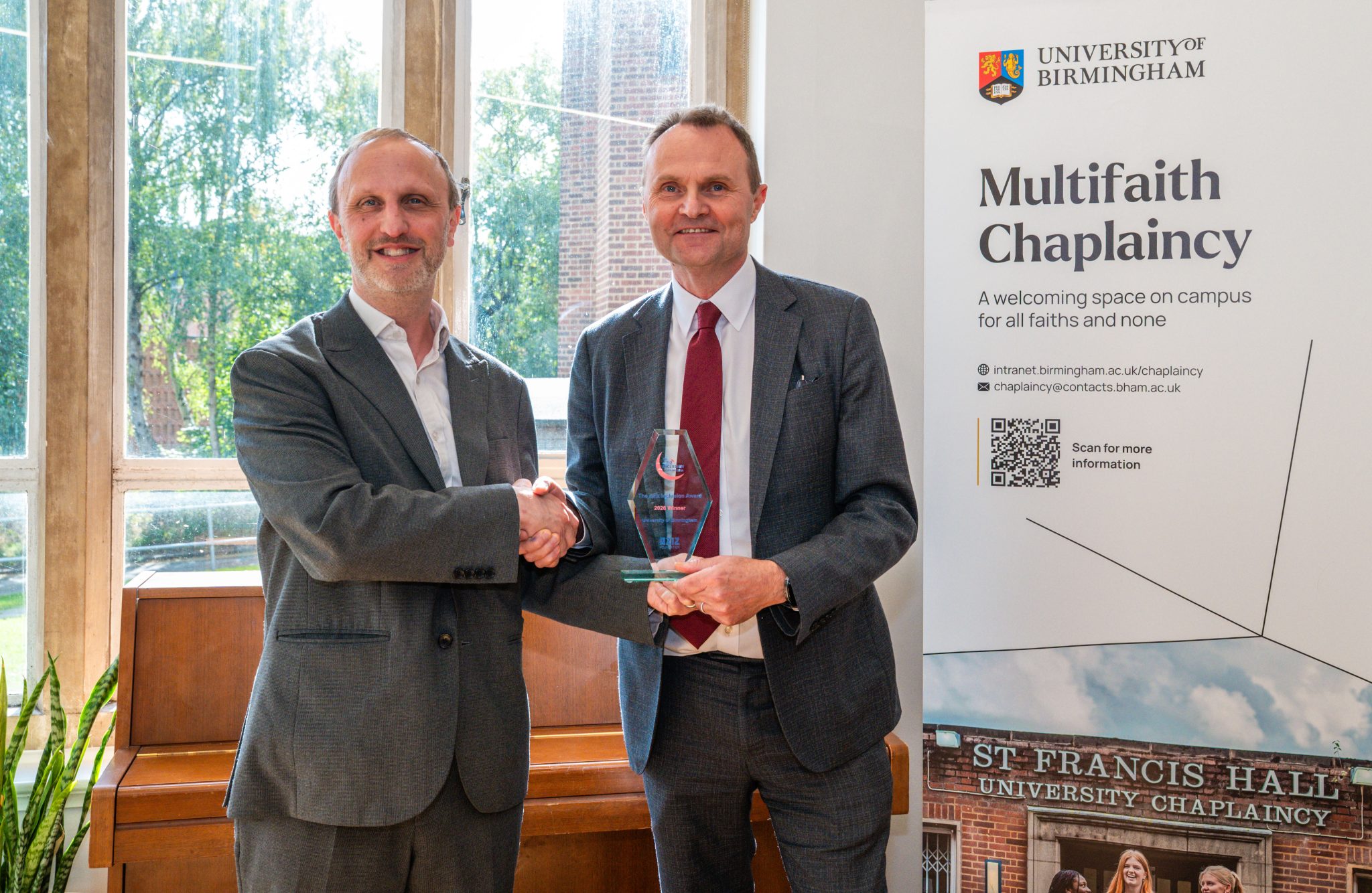 From left: Joe Dobson, Director of The Aziz Foundation, left, presenting The Aziz Foundation Inclusion Award to Prof Adam Tickell, Vice Chancellor and Principal of the University of Birmingham