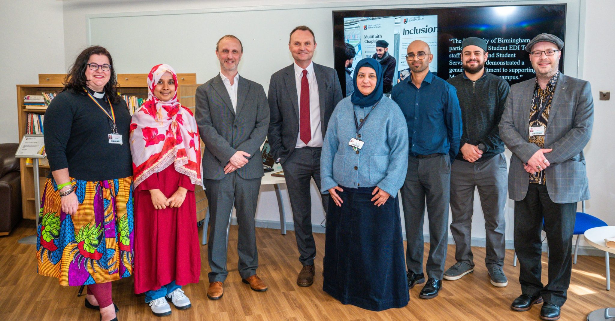 From left: The Rev Mindy Bell; Aziz scholar Zarin Tasnim Khan; Joe Dobson, Director, Aziz Foundation;vProf Adam Tickell, Vice Chancellor and Principal of the University of Birmingham; Dr Neelam Hussain; Dr Zain Sardar, Programme Director at The Aziz Foundation; Iman Mustafa Razzak; Shaykh Paul Salahuddin Armstrong